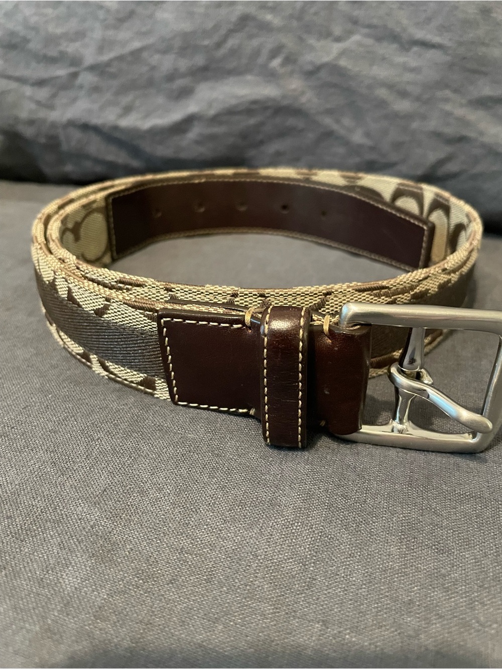 Coach Signature Canvas Belt in Brown and Tan with Leather Trim